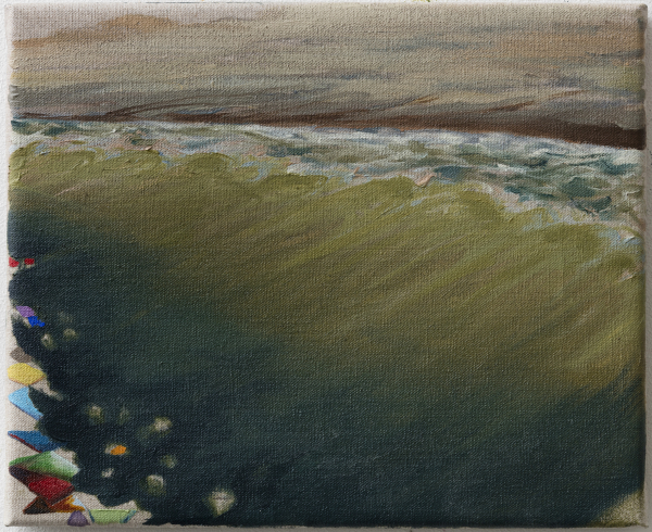 The beach at Svinkløv Badehotel as seen from standing in the ocean, 2015, Oil on canvas w. rabbitglue, 25 x 30 cm, private collection