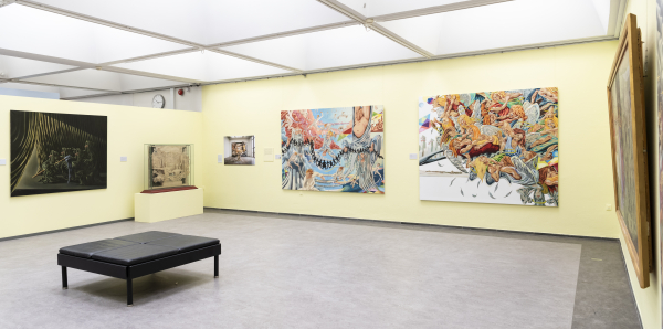 Installation view, J.F. Willumsen and Martin Bigum, Randers Kunstmuseum, 2024, J.F. Willumsen and Martin Bigum, Som et møl mod flammen/ Like a moth to the flame, Willumsens Museum and Randers Kunstmuseum, Jan.-Oct. 2024, curated by Merete Sanderhoff