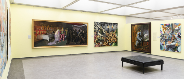 Installation view, J.F. Willumsen and Martin Bigum, Randers Kunstmuseum, 2024, J.F. Willumsen and Martin Bigum, Som et møl mod flammen/ Like a moth to the flame, Willumsens Museum and Randers Kunstmuseum, Jan.-Oct. 2024, curated by Merete Sanderhoff