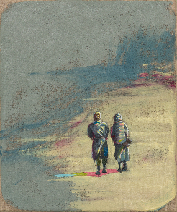 Sea fog and sudden sun (Pernille and Pernille on Østerstrand), 30 x 25 cm, oil on canvas w. rabbitglue, 2022, private collection