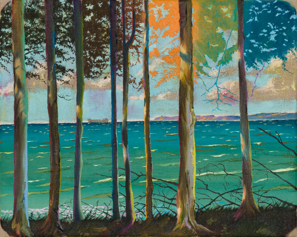 Scene from Hornbaek Plantation w. view to Kullen (4 days different light), 40 x 50 cm, oil on canvas w. rabbitglue, 2022, private collection