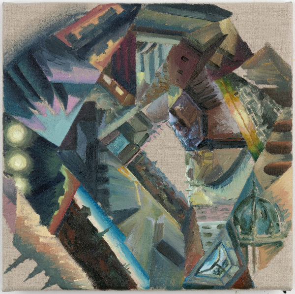 Copenhagen prism, 2018 Copenhagen prism, 2018, Oil on canvas with motor on the back, slowly circulating the painting, 30 x 30 cm, private collection