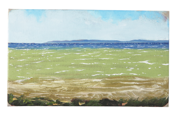 Kullen as seen from Hornbæk Plantage, July, 2021, 25 x 40 cm, oil on canvas w. rabbit glue, 2021, Another World 2020-21