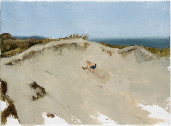 Boy digging in the dunes at Svinkløv Badehotel, DK, 2003 Boy digging in the dunes at Svinkløv Badehotel, DK, 2003, Oil on canvas, 15 x 20 cm, private collection