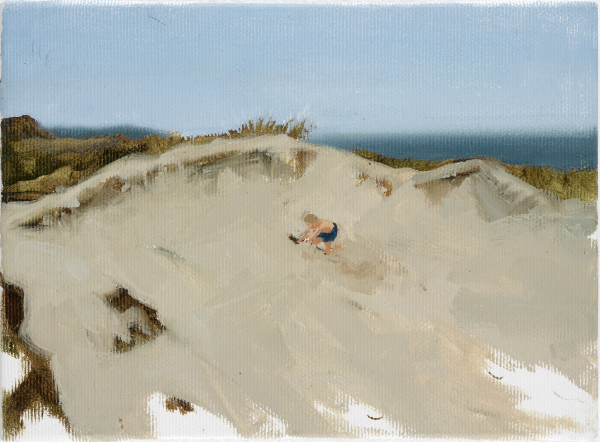 Boy digging in the dunes at Svinkløv Badehotel, DK, 2003, Oil on canvas, 15 x 20 cm, private collection