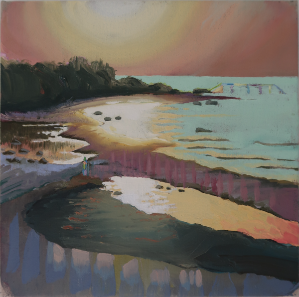 Sunset at Hornbæk Strand, DK, 2019 Sunset at Hornbæk Strand, DK, 2019, Oil on canvas w. rabbitglue, 30 x 30 cm, private collection