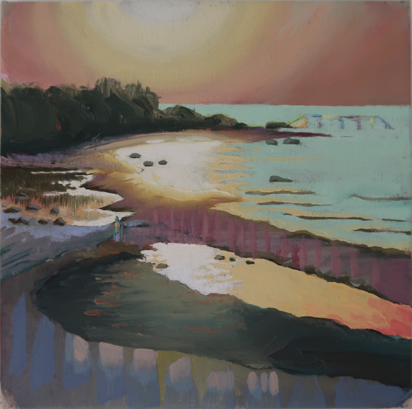 Sunset at Hornbæk Strand, DK, 2019, Oil on canvas w. rabbitglue, 30 x 30 cm, private collection